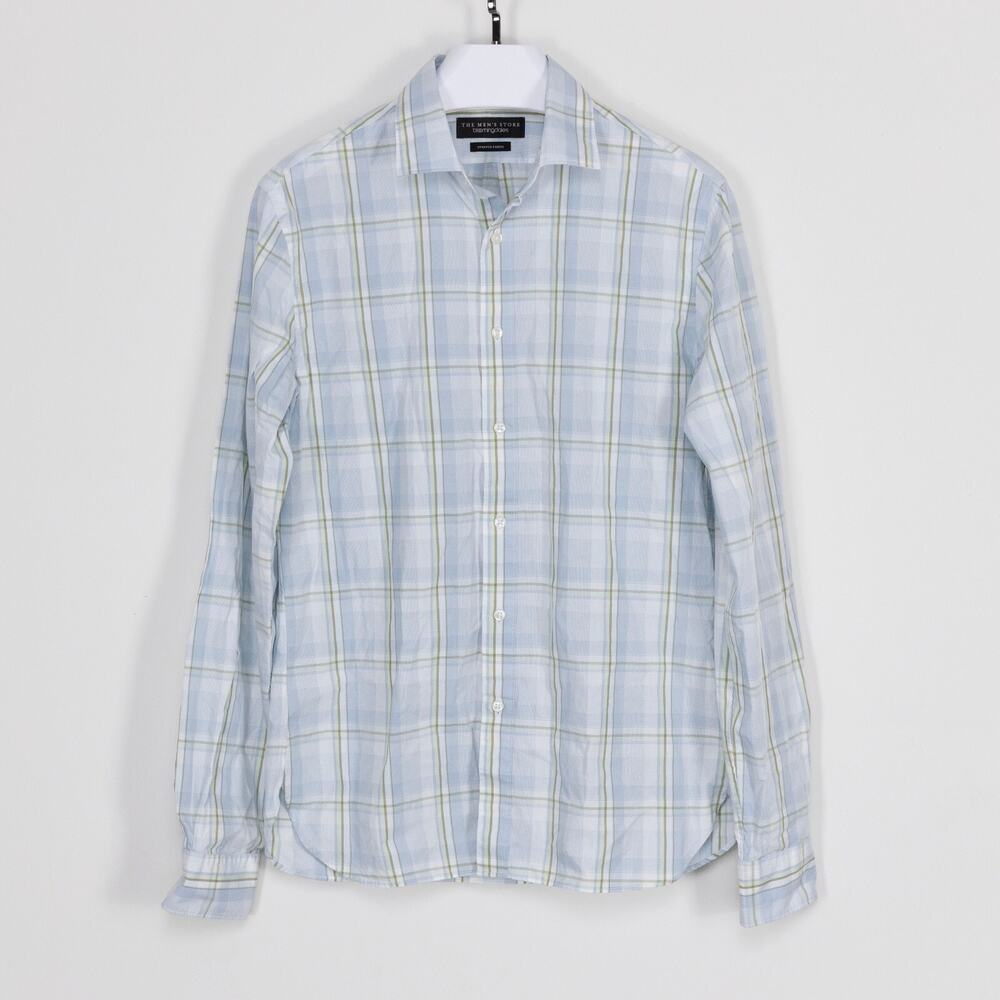 The Men's Store Casual Stretch Plaid Slim Shirt Blue Sage Size S